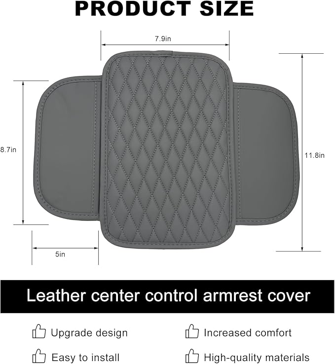 Car Center Console Cover, Waterproof Leather Arm Rest Cushion Pad with 2 Storage Bags, Anti-Scratch Armrest Seat Box Protector Interior Accessories for Most Vehicles (Gray)