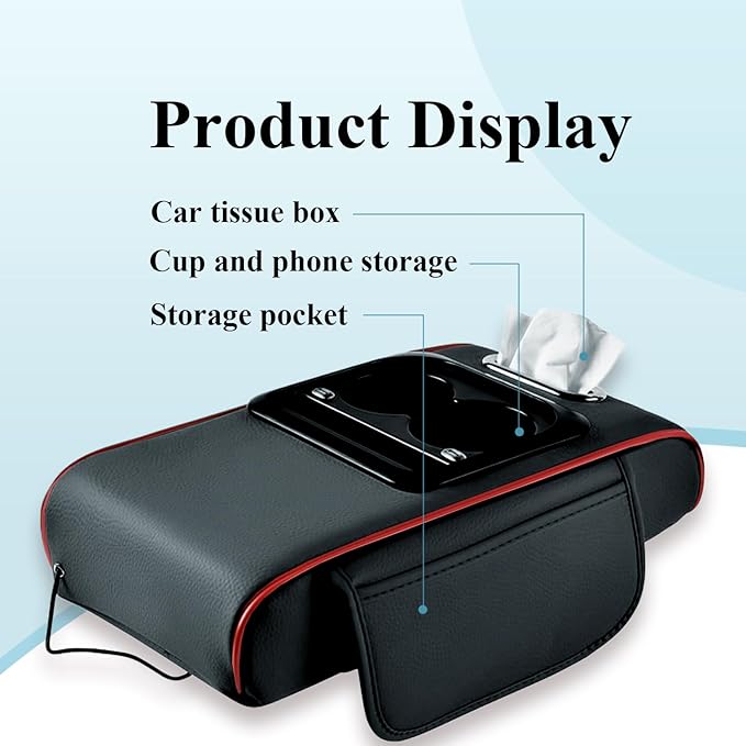 Car arm Rest Cover Pad (Upgraded Type-C), 5-in-1 Center Console Cover with Cup Holder, Tissue Box Slot, Mobile Phone Storage Slot, Suitable for Most Car Console, 13.8''x7.1''x3.0'' (Black-Red)