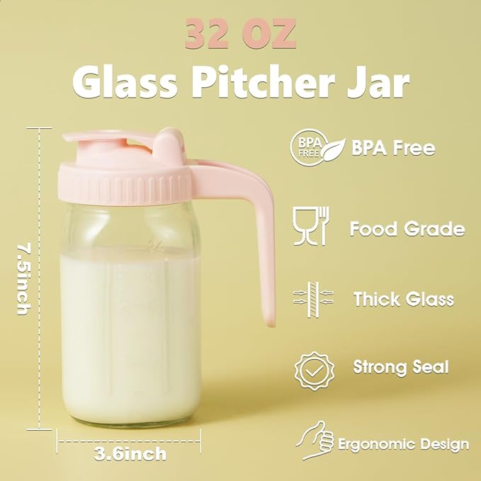 32oz Glass Pitcher with Lid & V-shaped Pour Spout - 1 Quart Breastmilk Pitcher Double Leak Proof, Creamer Container for Sun Tea, Juice, Cold Brew Coffee, Breastmilk Storage Container