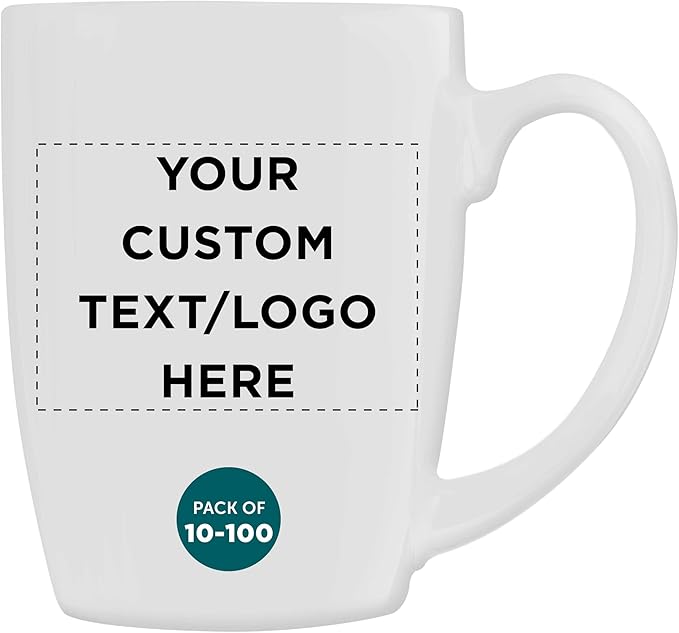 DISCOUNT PROMOS Custom Curved Java Coffee Mug 12 oz. Set of 10/50/100 - Personalized Bulk Pack - Stoneware Restaurant Cups - White