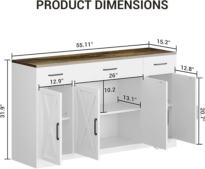 Farmhouse Modern Buffet Sideboard Cabinet with 3 Drawers, 55" Large Wood Kitchen Storage Coffee Bar Cabinet for Kitchen, Dining Room