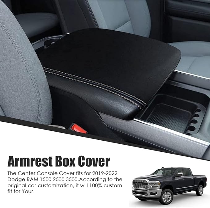 sportuli Center Console Cover Anti-Scratch Leather Armrest Pad Replace for 2019-2024 2025 Dodge RAM 1500 2500 3500, for All Makes & Models with Bucket Seats (Black Stitches)