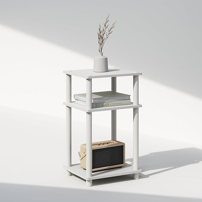 Furinno JUST Side Table, 3-Tier End Table, Open Shelves Night Stand, Bedside Table, Toolless Assembly, for Living Room, Bedroom, Bathroom, White