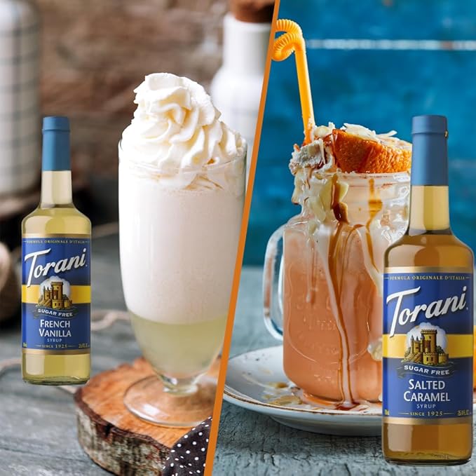 Jimoco Syrup Pump & Torani Syrup Bundle - Sugar Free Salted Caramel, French Vanilla, Brown Sugar Cinnamon, Vanilla Bean, Caramel Classic, Peanut Butter Cup - For Italian Soda Coffee, Lattes, Frappes With 6 Pump Dispensers
