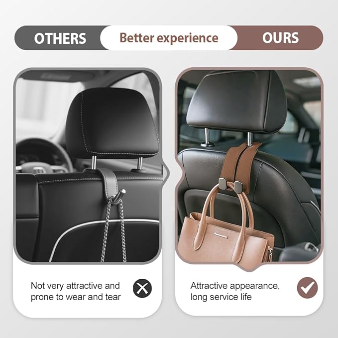 Car Seat Back Storage Hook, 2026 New Two Hook Fur Leather Seat Back Headrest Hanger Genuine Leather Double Metal Hook for Backseat Organizer, Car Organization Accessories (4, Brown)