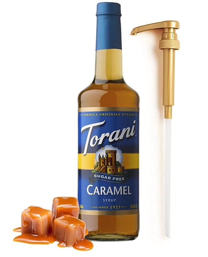 Syrup Pump Dispenser with Torani Sugar Free Caramel Syrup for Coffee, 25.4 oz Bundle – Syrup Pump Compatible With Torani Coffee Syrup