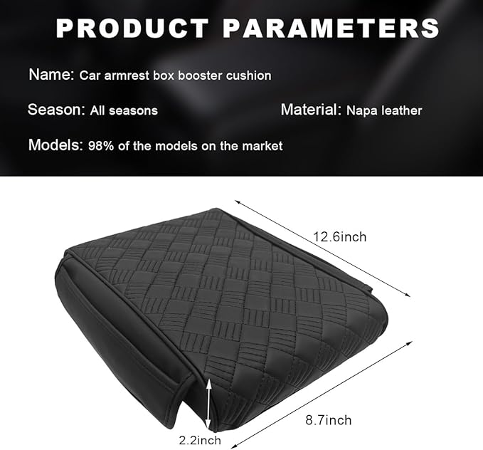 Car Center Console Cover, 12.6"×8.7" Waterproof Leather Auto Armrest Box Protector Elbow Pillow with Storage Pocket, Comfortable Memory Foam Arm Rest Box Cushion Pad, Car Accessories (Black)