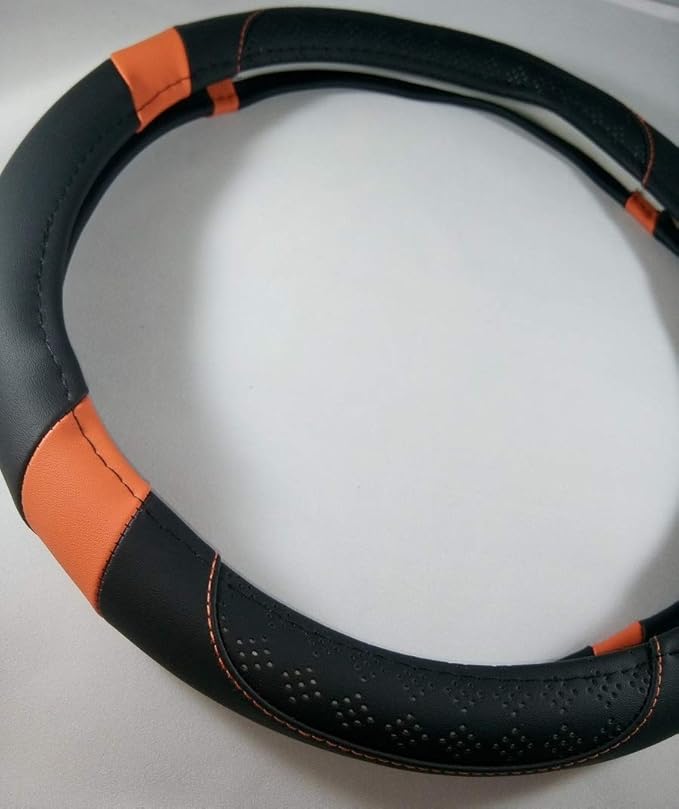 Jdragon Black & Orange PU Leather Best Grip Slip-On Steering Wheel Cover 14.25-15" Diameter