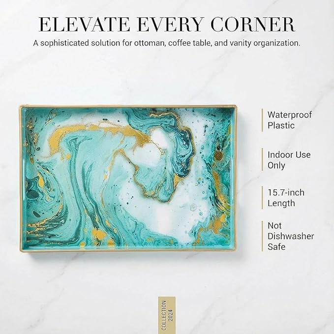 Zosenley Decorative Tray, Marbling Plastic Tray with Handles, Rectangular Vanity Tray and Serving Tray for Bathroom, Kitchen, Ottoman and Coffee Table, 15.6" x 10.2" (Golden Blue)