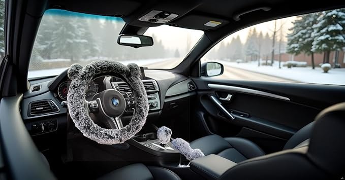 Fuzzy Steering Wheel Cover, Cute Fluffy Car Wheel Cover Women Bear Panda Ears 14.5" 15inch, Soft Warm Furry Plush Wool Fur Wheel Protector & Handbrake & Gear Shift Cover Set, Winter Warmer hands, Grey