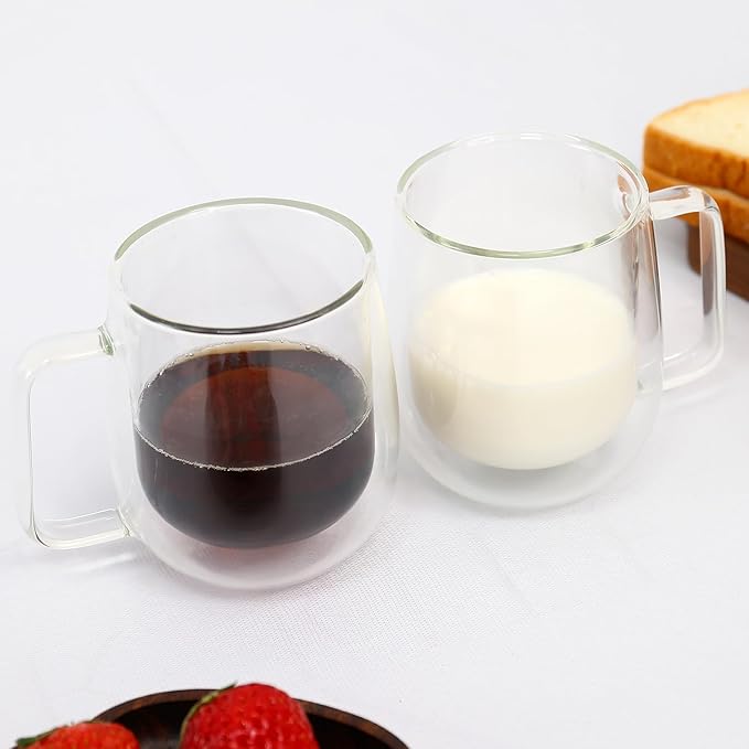 Double Wall Glass Coffee Mugs with handle - 8.45 oz Insulated Clear Coffee Mugs Set of 2, Perfect for Espresso, Cappuccino, Latte, Americano, Tea Bag, Beverage (250ml/8.45,set of 2)