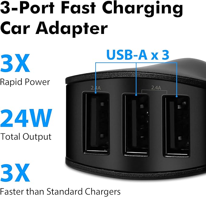 USB Car Charger, 24W 3 Ports Fast Car Charger Adapter, Compatible w/iPhone 15/14/13/12/11, Samsung Galaxy S24 Ultra/S23, Cigarette Lighter USB Chargers, Not Compatible w/Quick Charge