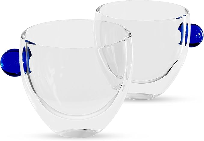 Elle Decor Double Wall Glass Coffee Mugs | Set of 2 | 9-Oz Wide Mouth Glass Coffee Mugs for Home, Office, Bar, or Gift | Modern, Insulated, Reusable Latte Mugs (Blue)