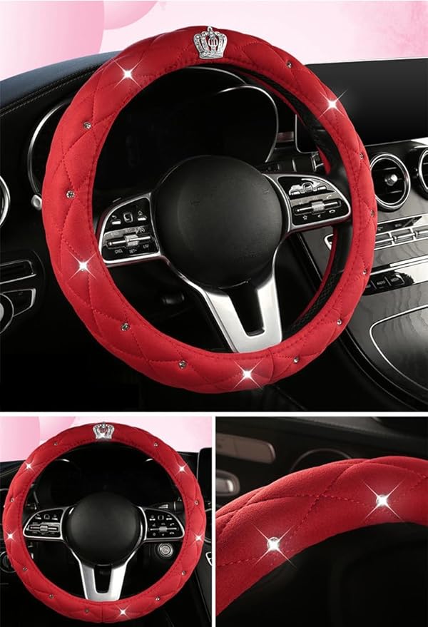 15Inch Leather Steering Wheel Cover Women Cute Bling Crown Steering Wheel Covers Universal fit Car (Red)
