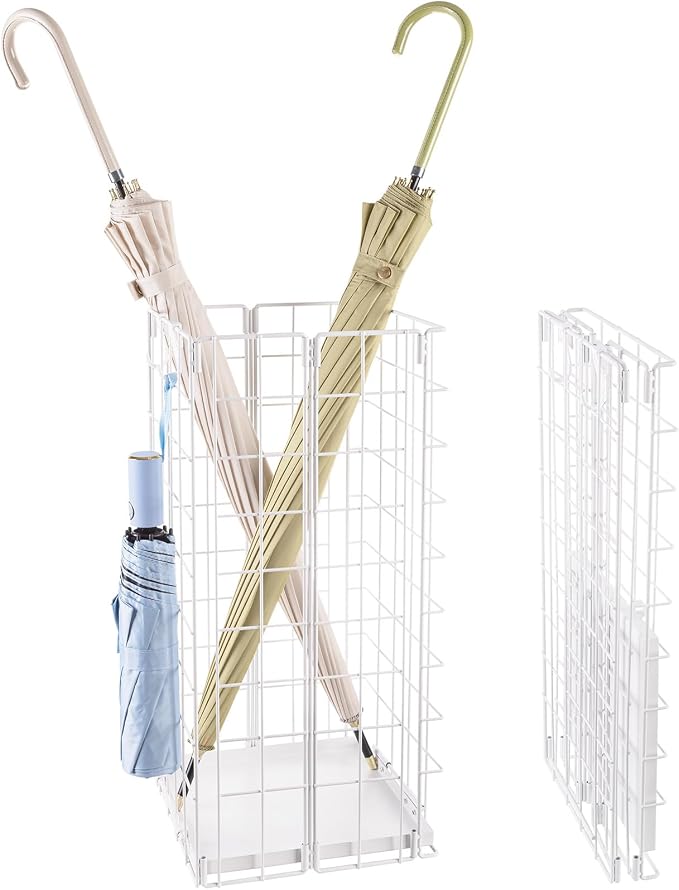 Umbrella Stand, Umbrella Holder for Entryway, Large Metal Foldable Umbrella Rack Organizer Freestanding, with Water Tray and Hooks, Rectangular Hollow Rack 9.5 x 9.5 x 19.7 Inches (White)