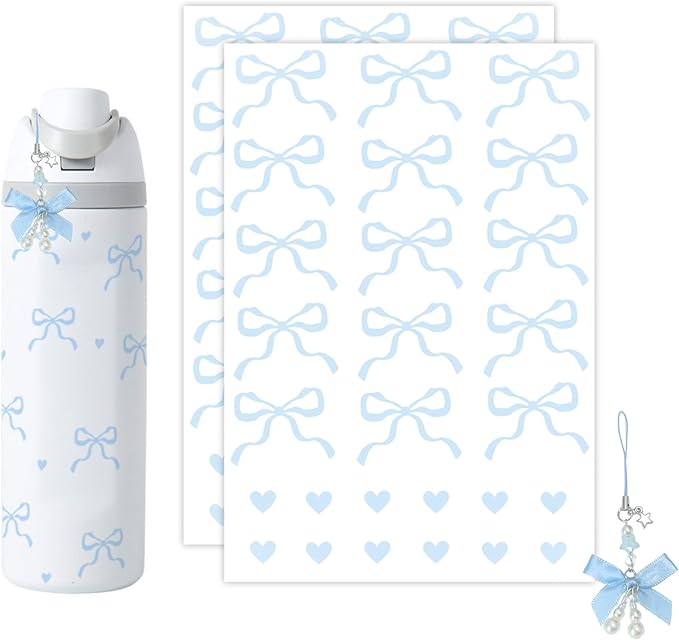 Bows Stickers for Custom Owala Accessories, Heart Decals Transfer Stickers for Water Bottles, Bows Pearl Charms for Owala (Light Blue)