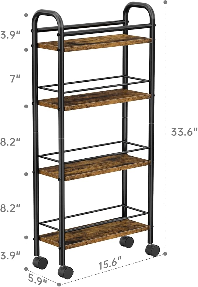 Slim Storage Cart, 4-Tier Small Rolling Cart with Wheels, 5.9" Deep, Narrow Bathroom Shelf Trolley for Kitchen, Bathroom, Laundry Room, Rustic Brown Standard 4-Tier (5.9" W x 33.6" H)