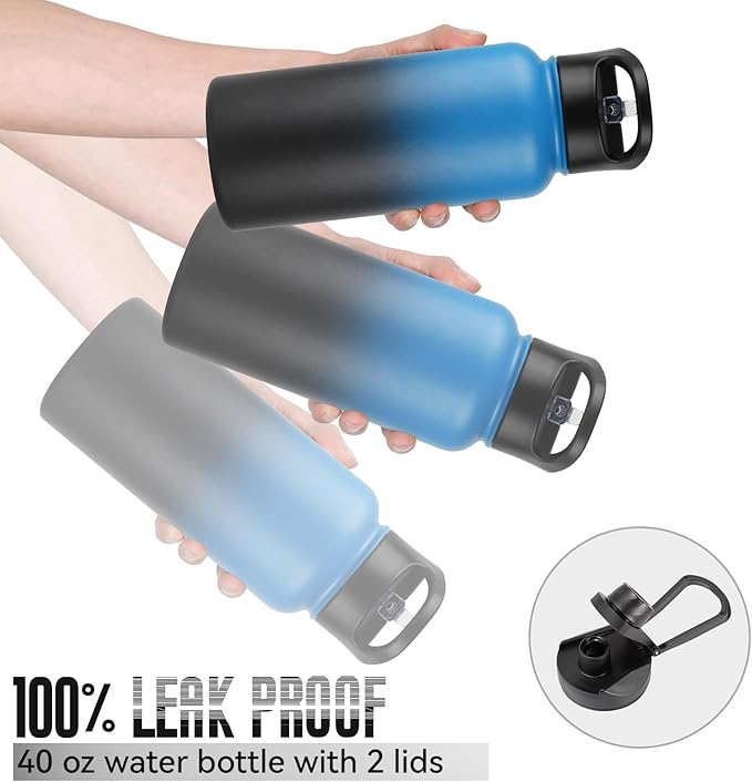 32 Oz Insulated Water Bottle Bulk 8 Pack, Stainless Steel Sports Water Bottles with Straw Lid & Wide Mouth Lids, Double Walled Vacuum, Leak Proof, Blue Black Gradient