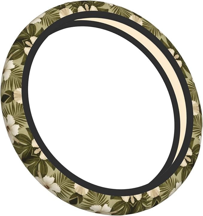 Hawaiian Hibiscuses?Flora Olive Green Car Steering Wheel Cover, 15 Inch Steering Wheel Cover Stylish Decor for Most Cars