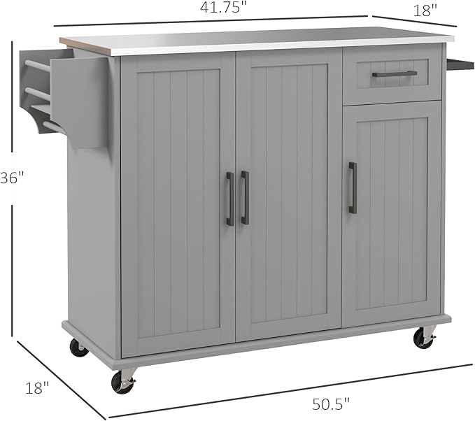 HOMCOM Kitchen Island Cart with Storage, Rolling Kitchen Island on Wheels with Drawer, 3 Cabinets, Stainless Steel Countertop, Spice Rack and Towel Rack, Gray