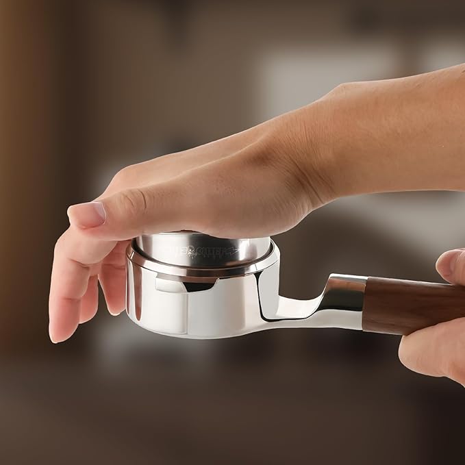 Mischief 58mm Bottomless Portafilter, 316 Stainless Steel, Fits E61 Group Heads, La Marzocco, Rocket, ECM, Synesso, VBM, Flat Base, Double Shot Basket, Walnut wood (Rainbow Wood, 58MM for E61)