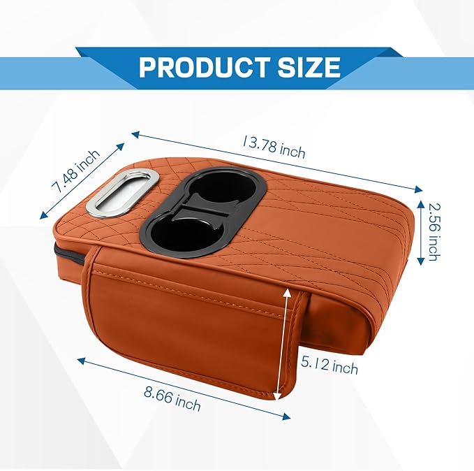 wuyaoyao Car Center Console Armrest Pillow, 13.78"×7.48"×2.56" Leather Arm Rest Cover for Cars, Memory Foam Auto Armrest Cushion Pad with Pocket, Cup Holder & Tissue Box, Car Accessories (Orange)