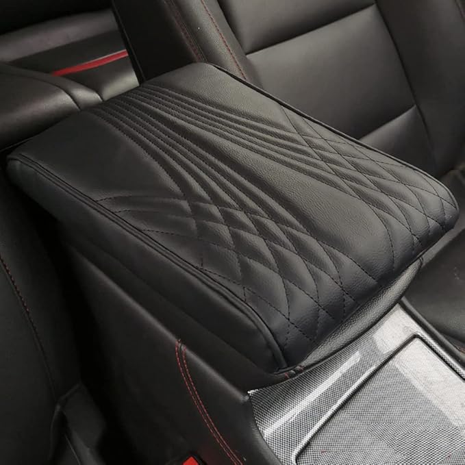 AIIONP Leather Car Armrest Box Pad, Universal Car Center Console Cover Pad, PU Leather Car Armrest Seat Box Cover Protector, Center Console Armrest Pad for SUV, Truck, Car (Black, Angle Pattern)