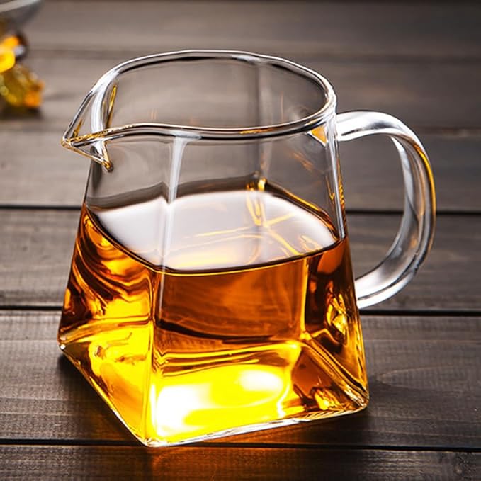 Yarlung 4 Pack Small Glass Pitcher, 12 Oz Clear Creamer Pitcher with Handle, Creative Coffee Milk Pitcher Tea Fair Cups for Table Serving, Square Base