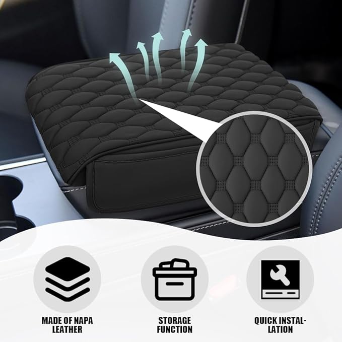 Upgraded Car Center Console Cover, Armrest Cover for Car, Waterproof Leather Auto Armrest Cover Protector with 2 Pocket, Comfortable Arm Rest Box Cushion Pad for Vehicles, Trucks (Black)