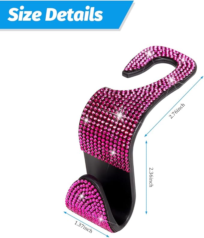 4PCS Bling Car Seat Headrest Hooks, Vehicle Back Seat Purse Handbag Hanging Holder with Crystal Rhinestone, Diamond Storage Organizer Hook, Universal Automotive Accessories (Black/Pink)
