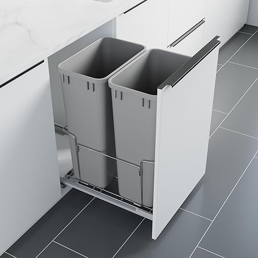 Dowell B18 Aluminum Base Wastebasket Pullout with Door Mount and Two 50Qt/13Gal Plastic Bins (4012 0218+50x2)