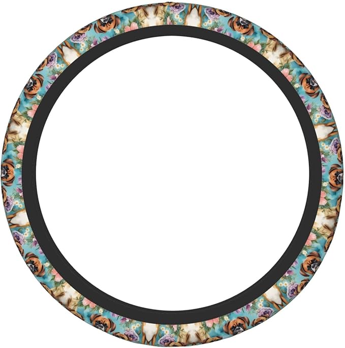 Boxer Dog Florals Mint Flowers Neoprene Steering Wheel Covers Women Men Car Accessories, Universal 15 Inch Fit Auto, Suvs, Truck