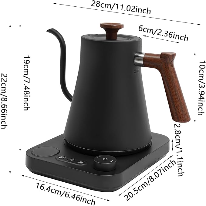 Electric Gooseneck Kettle, 1200W Fast Heat Electric Hot Water Pot with ±1℉ Precise Temperature Control, 304 Stainless Steel Tea Kettle with Long Power Cable, 24H Keep Warm, 30-Min Auto Memory (Black）