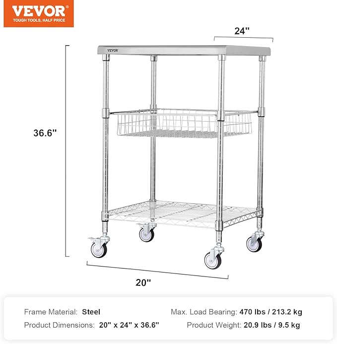 VEVOR Kitchen Utility Cart, 36.6"x20"x24" 3 Tiers Wire Rolling Cart, 470LBS Capacity Steel Service Cart with Brake Wheels, Storage Trolley with 76mm Basket PP Liner 6 Hooks, for Indoor & Outdoor Use