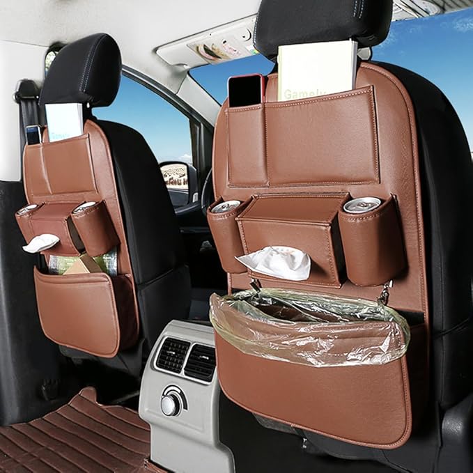 1PCS Car Backseat Organizer Seat Back Protectors Kick Mats, PU Leather Car Storage Organizer Hanging Bag with Car Tissue Holder Kids Toys Storage Car Accessories (Brown)