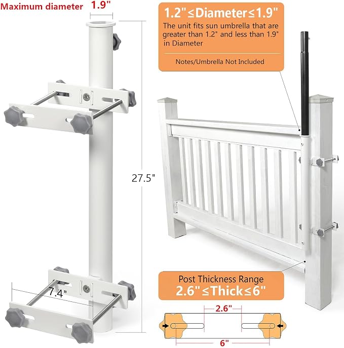 304 Stainless Steel Patio Umbrella Holder, Heavy-Duty Umbrella Deck Mount, for Outdoor Umbrella Holder for Deck Railing,Post Deck Umbrella Mount (Post, White)