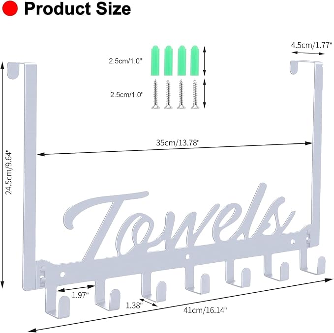 Azmoncy Over The Door Hooks, Towel Rack for Bathroom Towel Holder for Hanging Heavy Duty, Over Door Towel Hanger with 7 Coat Hooks for Bedroom Bathroom Kitchen Towels, Silver