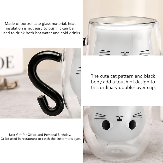 Cat Mugs, Double Wall Glass Cute Coffee Tea Cup, Graduation Valentines Mothers Day Easter Halloween Christmas Gifts for Women Wife Mum Her Girl Teacher Friend, Birthday Present Idea