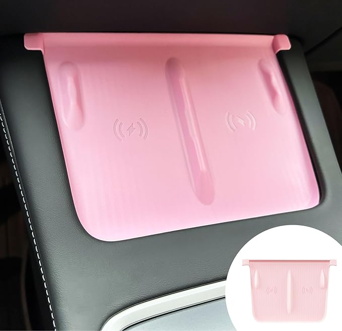 WinDu Center Console Wireless Charging Mat for Tesla Model 3 Model Y, Non-Slip Waterproof Silicone Mat Charging Protective Pad for Tesla Accessories Model 3 (2021-2023) and Model Y (2021-2024), Pink