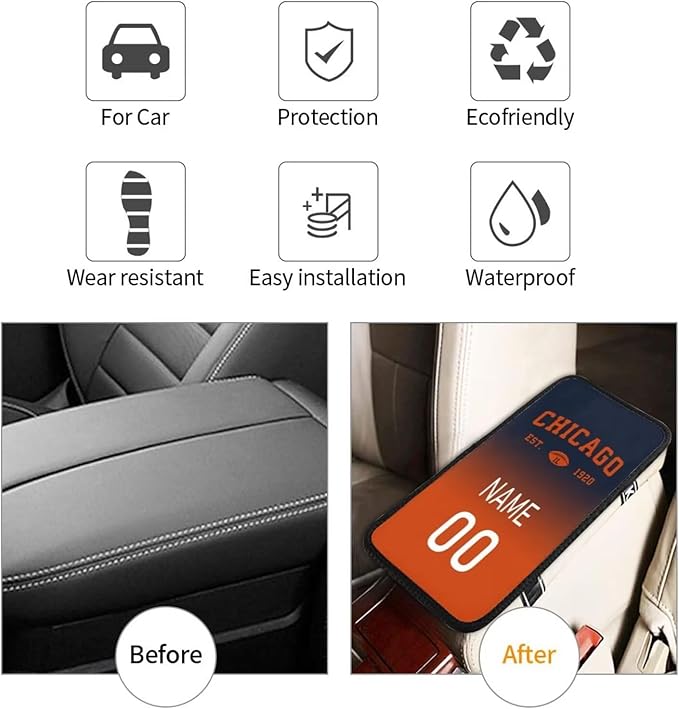 Custom Car Armrest Cover,Add Personalized Name and Number As Gifts for Loyal Football Fans,Auto Center Console Pad Car handrail Box Cushion,Fit for Most Car