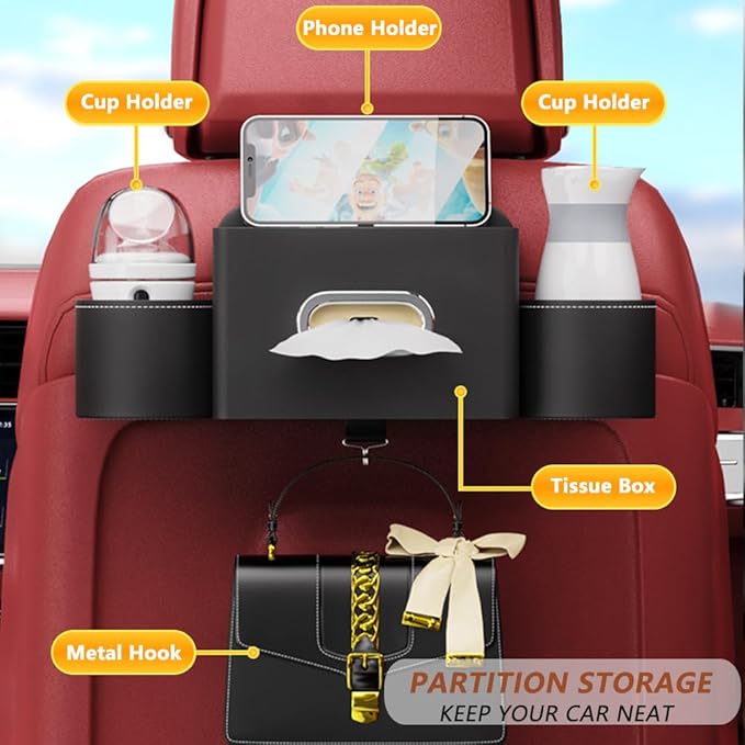 Tumecos Car Seat Back Storage Box,Backseat Organizer with Cup Holder, Large Capacity Storage Box, Waterproof Drink Holder，Car Rear Seat Storage Pocket Universal for Most Vehicles