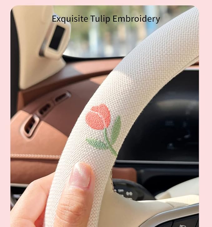 Wheel Cover Flax Microfiber Steering Wheel Covers for Women Fit 15 inch Car Cute Bow Tie Anti-Slip Breathable Absorbing Sweat Cover (Type-D-Tulip)