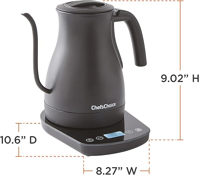 Chef'sChoice Electric Kettle Gooseneck Style Perfect for Pour-Overs Stainless Steel Construction 1200 Watts with Auto-Shutoff & Boil-Dry Protection, 1-Quart, Black