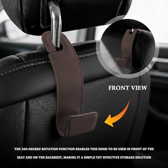 1PCS Purse Holder for Car, Purse Hook for Car, Leather Headrest Hooks for Automotive Back Seat, Auto Accessories Back Seat Organizer Hook for Grocery Bag Handbag Coat (Brown, 1PCS)