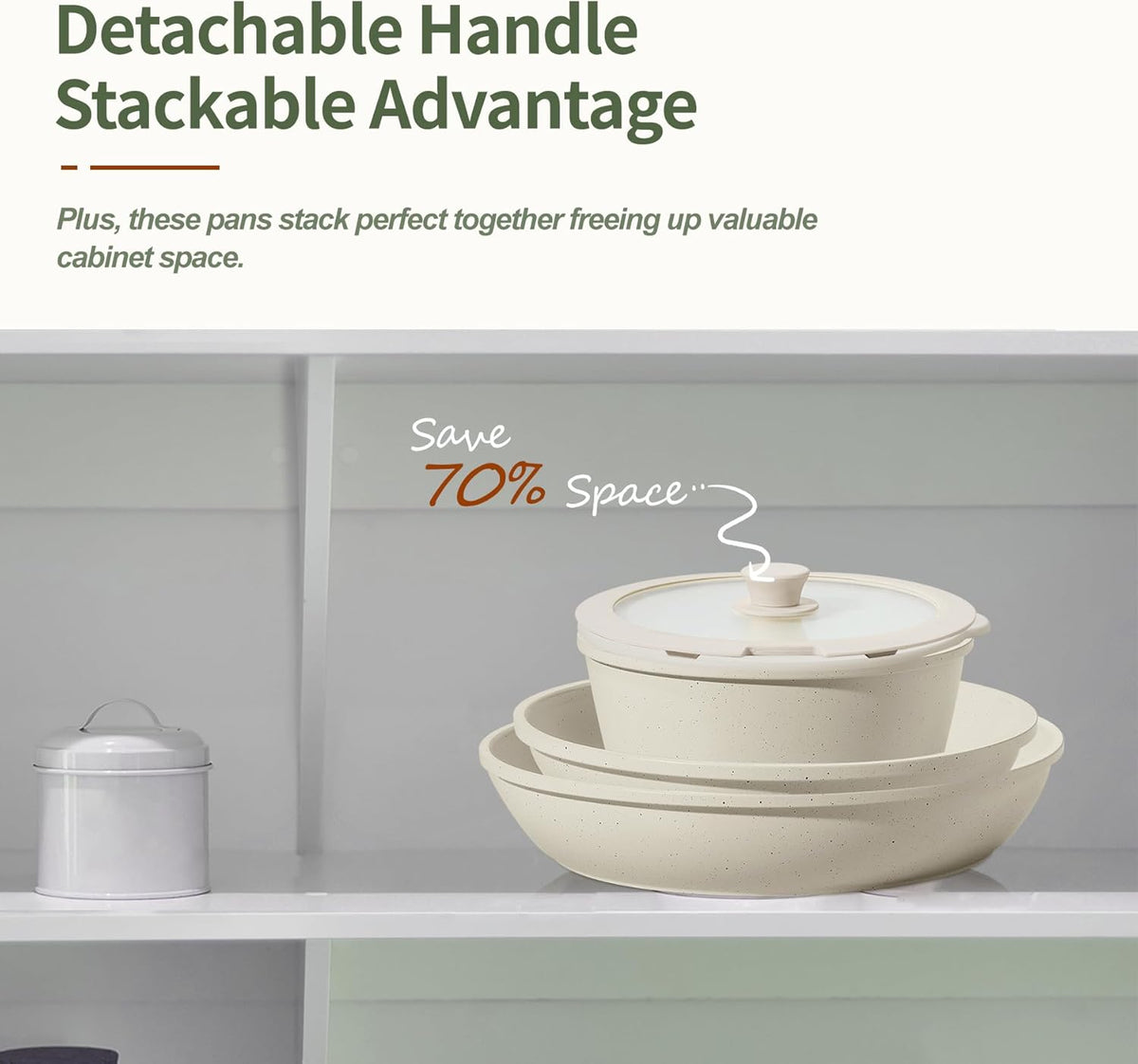 8pcs Ceramic Pots and Pans Set, Non Stick Cookware Set, Detachable Handle Cookware, Induction Kitchen Cooking Set with Removable Handle,Oven Safe, Induction Fast, Stackable Cookware Set