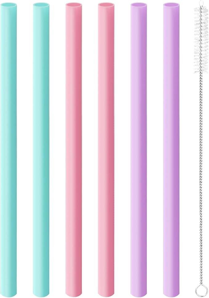 Joshey 6PCS Replacement Straws for Owala FreeSip 24oz & 32oz Water Bottles - Reusable Plastic Straws with 1 Cleaning Brush, Travel Tumbler Accessories Parts - 3 Colors (Pink, Green, Purple)