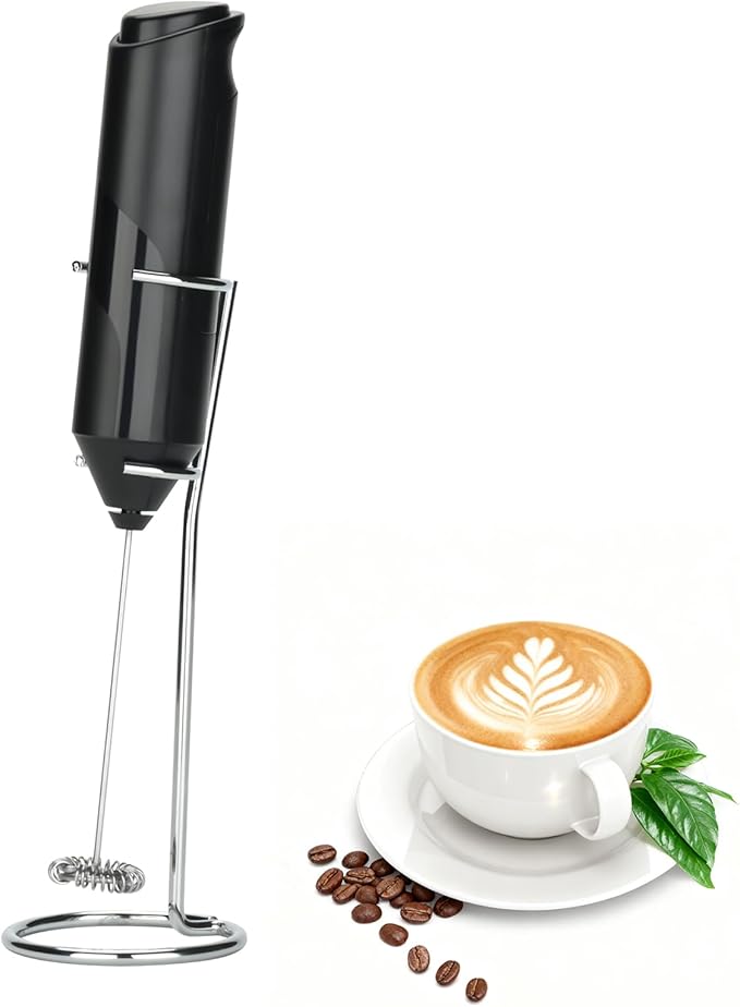 Handheld Milk Frother, Battery Operated Electric Foam Maker, Milk Frother Wand Drink Mixer with Stainless Steel Whisk for Coffee, Matcha, Lattes, Cappuccino (Black with stand)