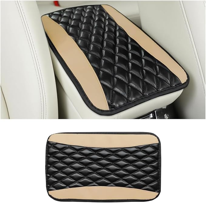 Car Center Console Cover, Comfortable PU Leather Vehicle Armrest Storage Box Cushion Pad, Anti-Scratch Automotive Interior Arm Rest Cover Protector, Universal for Truck SUV Sedan (Beige)