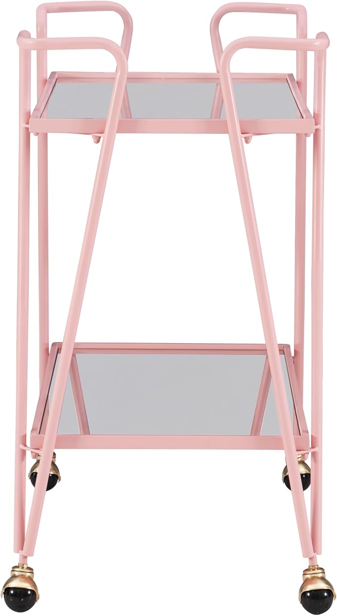 Gina Pink Mid-Century Bar Cart with Mirrored Shelves and Locking Wheels by Linon