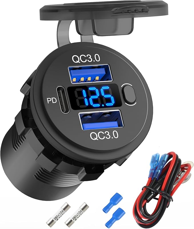 12 Volt USB Outlet Dual Quick Charge 3.0 Port and PD3.0 USB C Car Battery Chargers Socket, Waterproof 12V Power Outlet Cigarette Lighter Replacement DIY Kit with Voltmeter and Switch for Boat